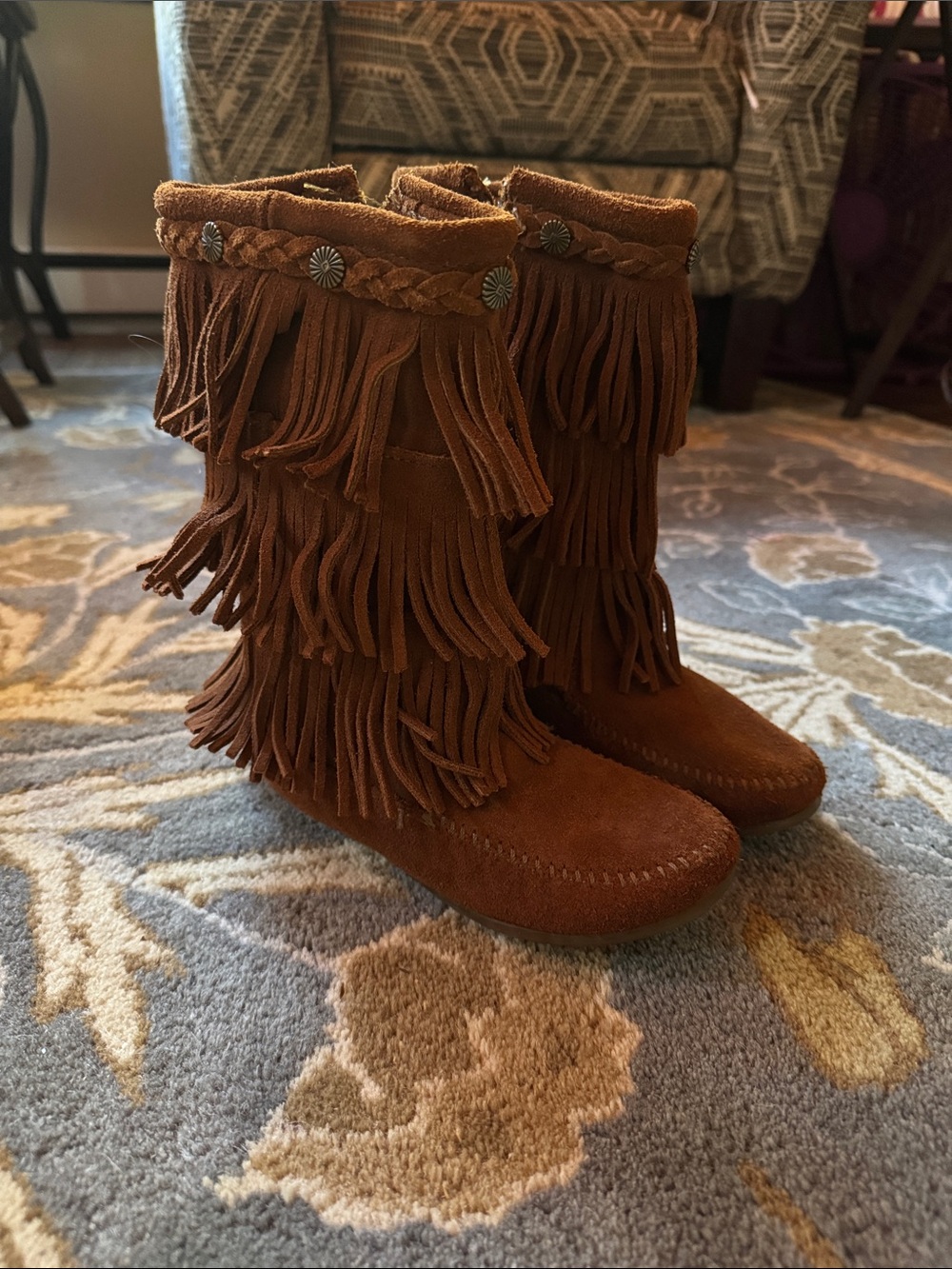 Minnetonka Kids Triple-Fringe Moccasin Boots with Braided Trim